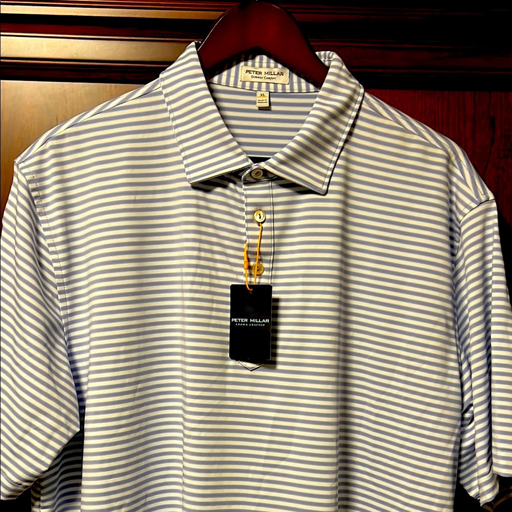 Brand New Peter Millar Summer Comfort White, Sky Blue & Mauve Striped Golf Polo!